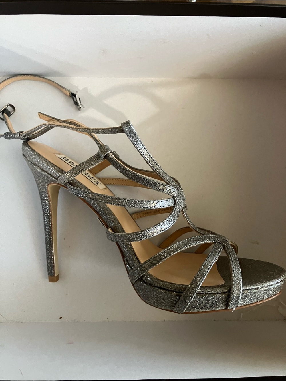 Badgley Mischka Silver Metallic Strappy Stiletto Sandals